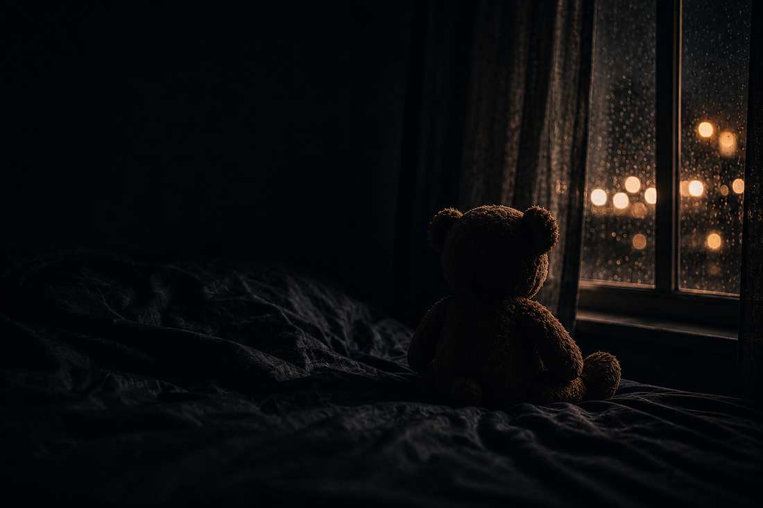 A worn teddy bear sitting alone on a dark rumpled bed beside a rain-covered window at night, representing the unseen weight of early carrying.