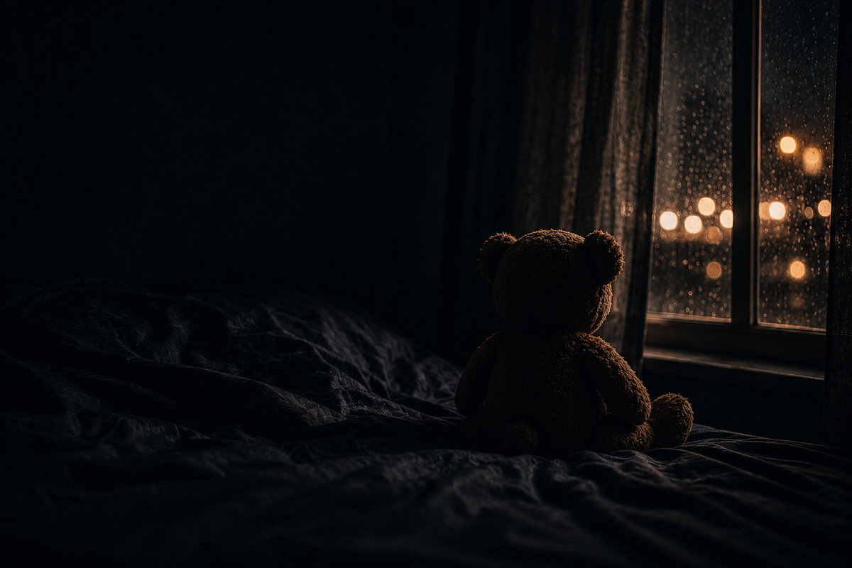 A worn teddy bear sitting alone on a dark rumpled bed beside a rain-covered window at night, representing the unseen weight of early carrying.