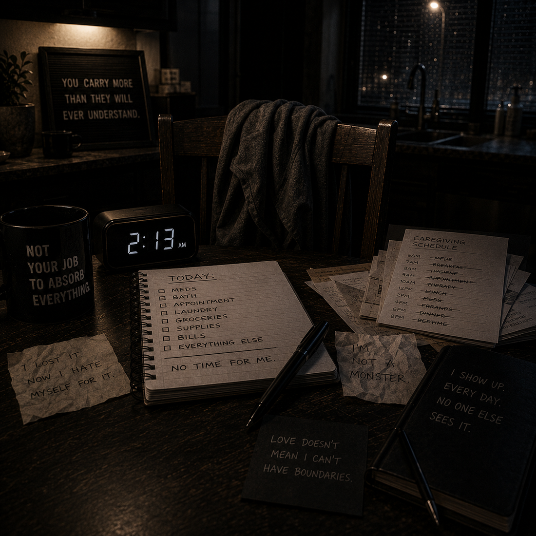 A dark late-night caregiving table with an empty chair, unfinished schedules, a long task list, and handwritten notes about guilt and boundaries, symbolizing caregiver overload and the guilt that follows reaching an emotional breaking point.