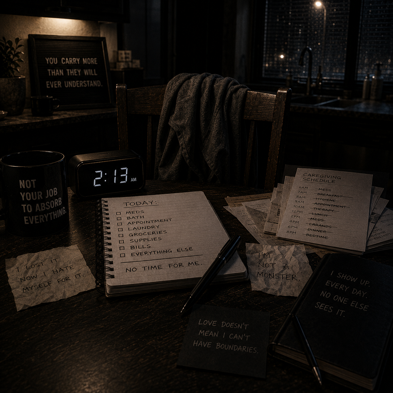 A dark late-night caregiving table with an empty chair, unfinished schedules, a long task list, and handwritten notes about guilt and boundaries, symbolizing caregiver overload and the guilt that follows reaching an emotional breaking point.
