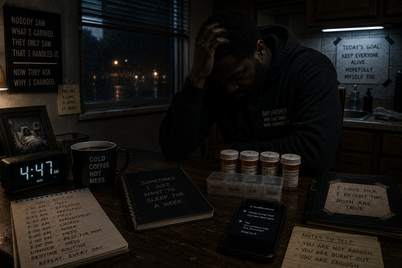 An exhausted adult caregiver sits alone in a dark kitchen before sunrise beside a cold cup of coffee, medication bottles, and an unread phone, symbolizing caregiver burnout and the invisible weight of still carrying everyone else.