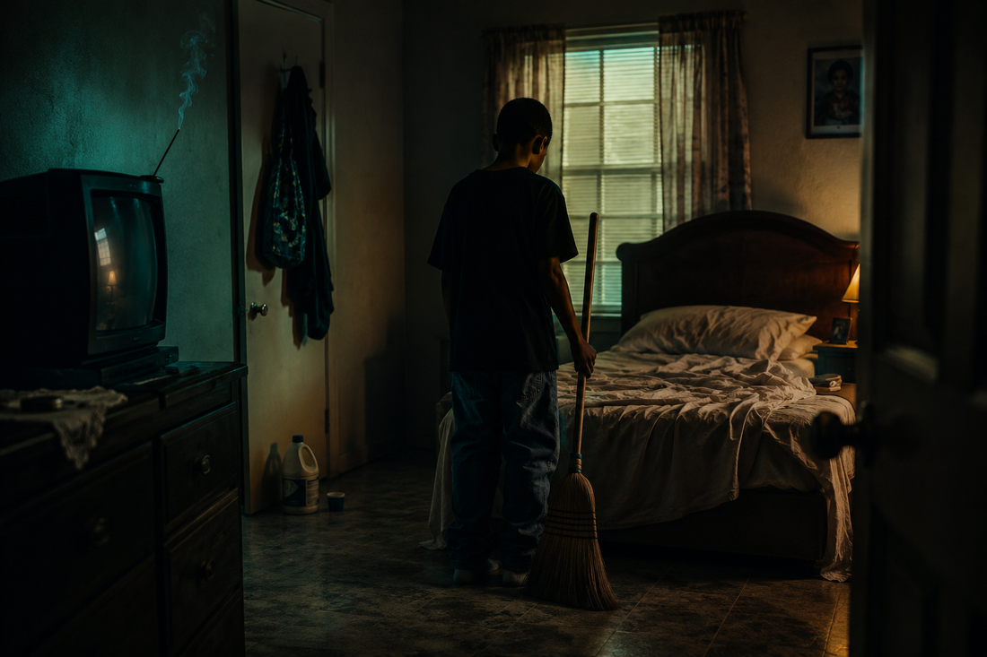 an 11-year-old boy alone in a dim, lived-in bedroom, an empty unmade/partly made bed, broom in hand, quiet room, late-1990s Tampa housing atmosphere, viewed like a memory