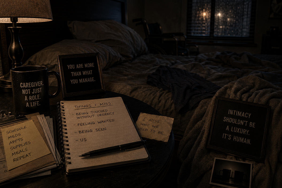 An empty dim bedroom with a wheelchair, caregiving schedules, and a notebook listing missed touch and connection, symbolizing how ongoing caregiving can erase intimacy and leave caregivers feeling unseen.