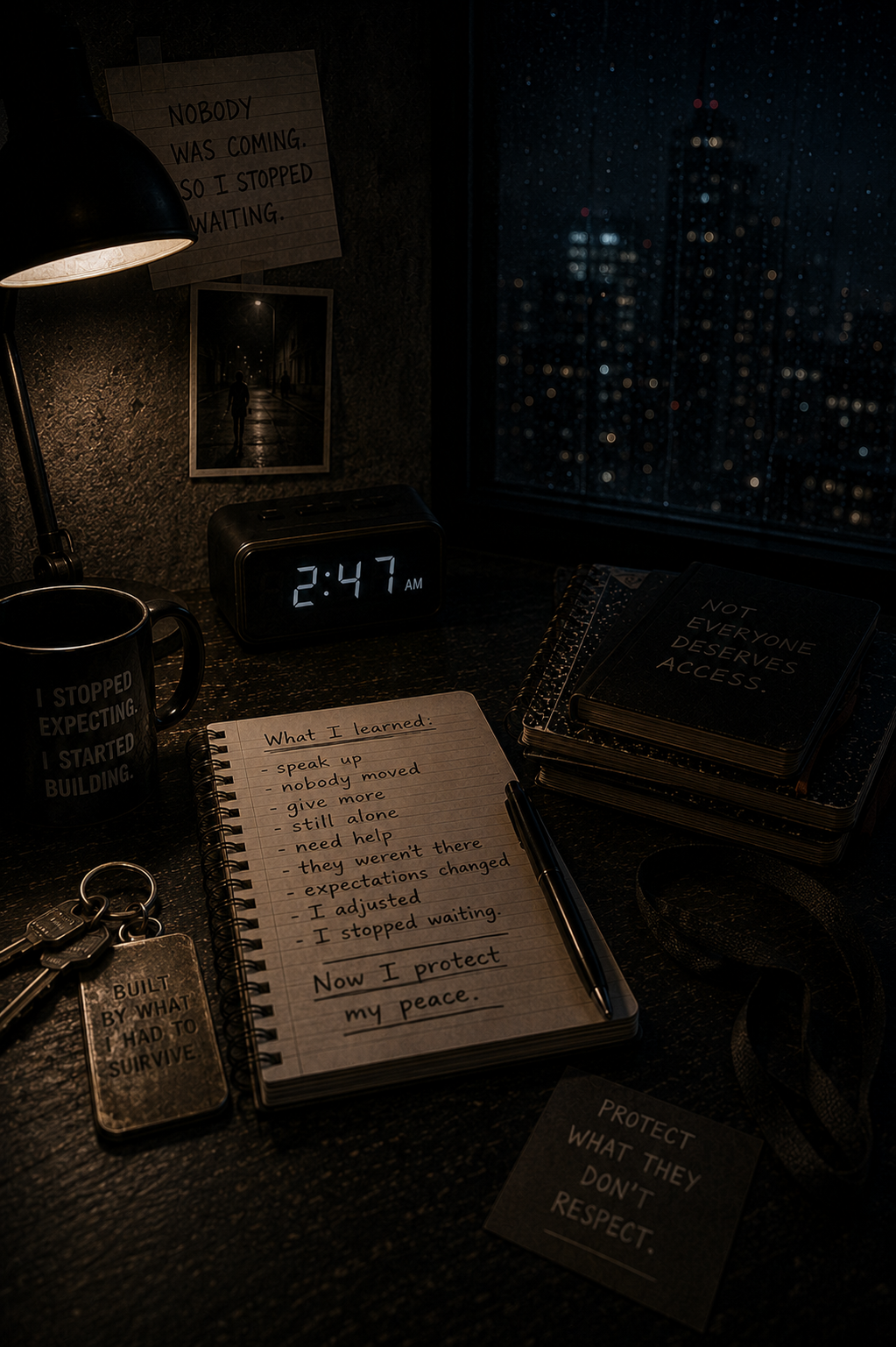 Dark late-night desk with a journal, keys, and handwritten notes beside a rain-covered window, symbolizing silence, changed expectations, and the lasting habit of stopping waiting after learning nobody was coming.