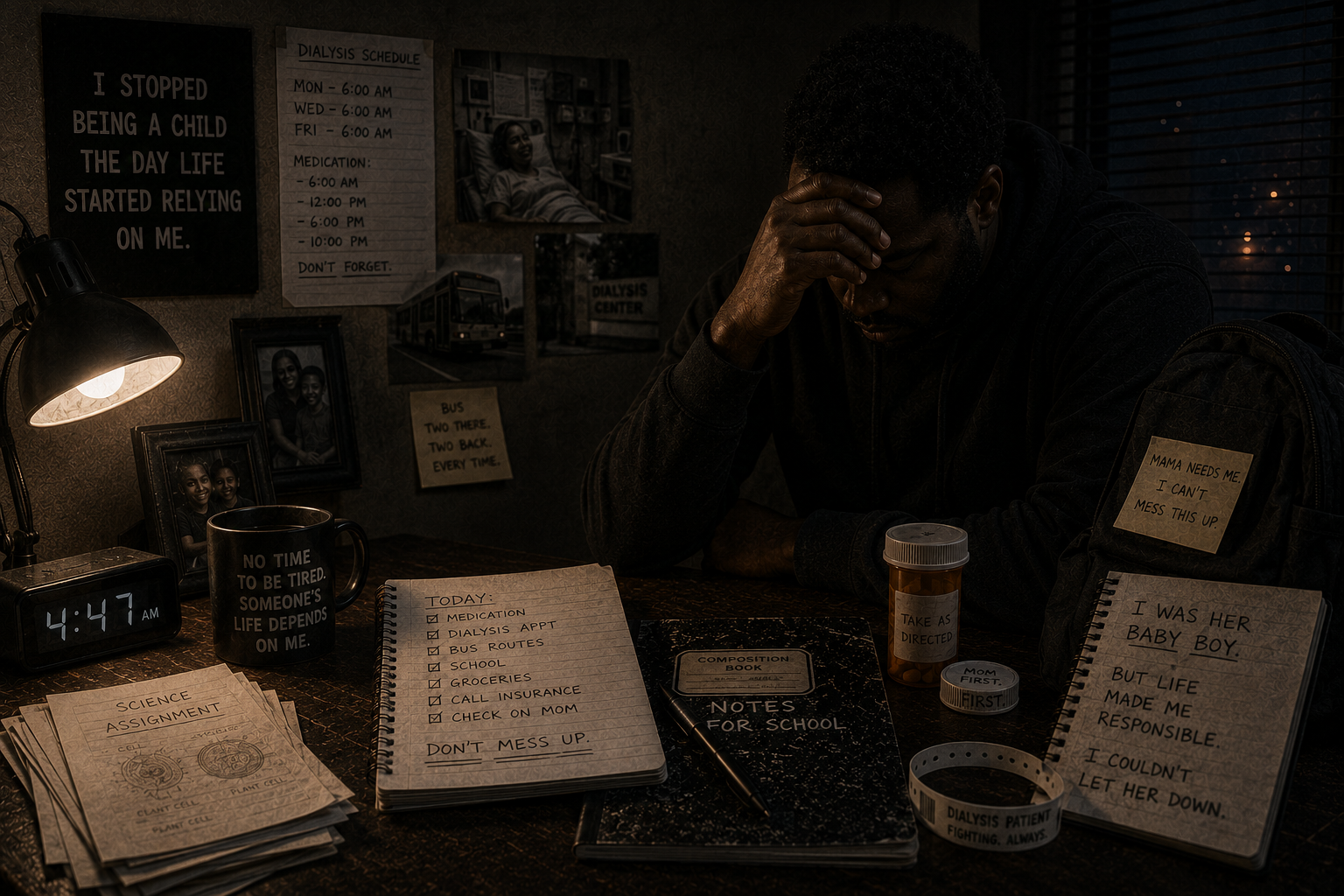 An exhausted adult sits at a dark desk beside old dialysis reminders, medicine, school papers, and an unfinished caregiving list, symbolizing childhood responsibility that continued shaping caregiving and survival into adulthood.
