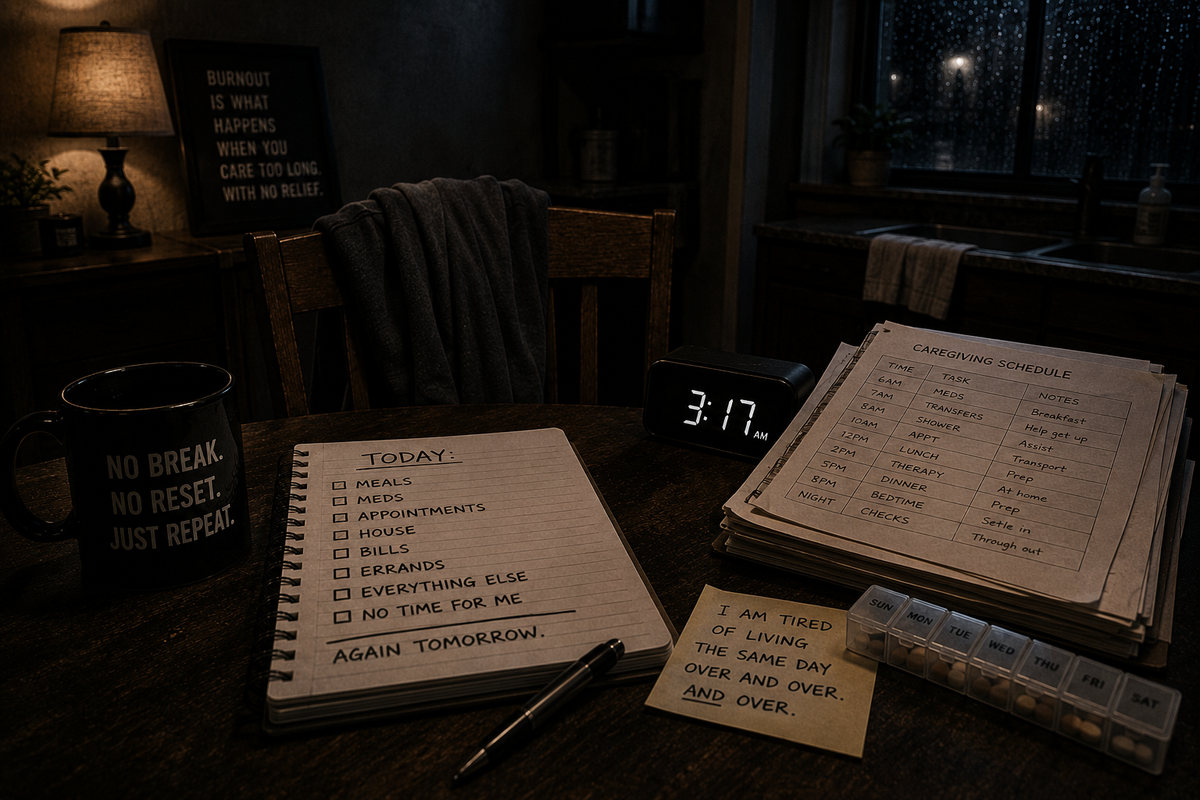 An empty chair at a dark kitchen table with a caregiving schedule, medication organizer, clock, and unfinished daily checklist, symbolizing caregiver burnout and the exhausting cycle of carrying the same responsibilities without relief.