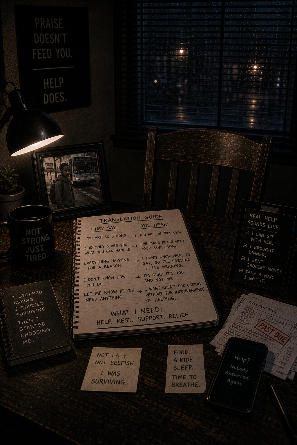 Dark cinematic caregiver desk with a handwritten translation guide decoding empty praise into loneliness and a list of real practical support.