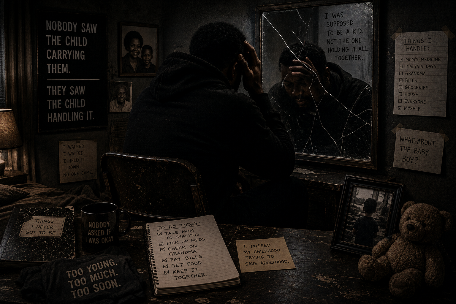A dark cinematic room with a cracked mirror, an empty chair, scattered caregiving items, and an exhausted adult facing the broken reflection, symbolizing the cost of trying to hold a family together from childhood into adulthood.