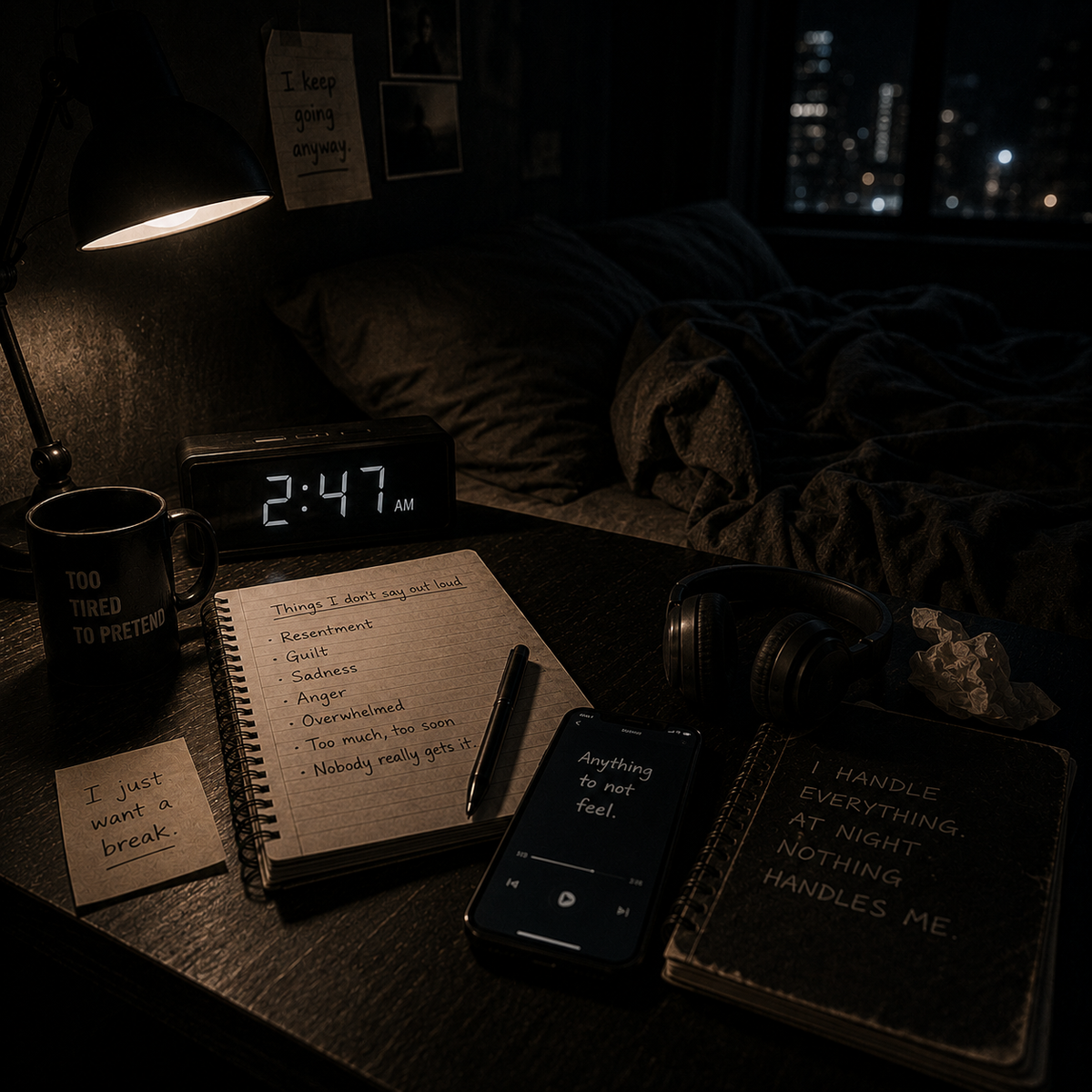 A dark bedroom at 2:47 a.m. with an unmade bed, phone, headphones, and open notebook on a nightstand, symbolizing the emotions, exhaustion, and unprocessed weight that surface when the day finally goes quiet.
