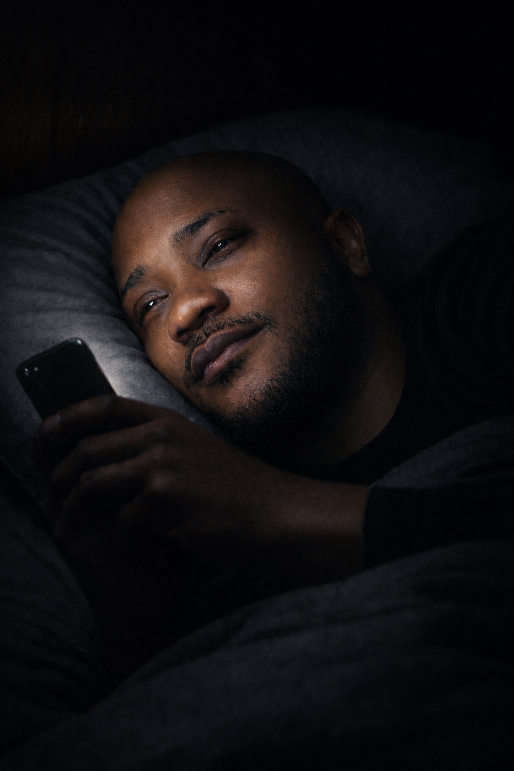 Black man lying in bed at night illuminated by phone light, tired expression, cinematic low-light portrait capturing loneliness, late-night thoughts, and quiet emotional weight