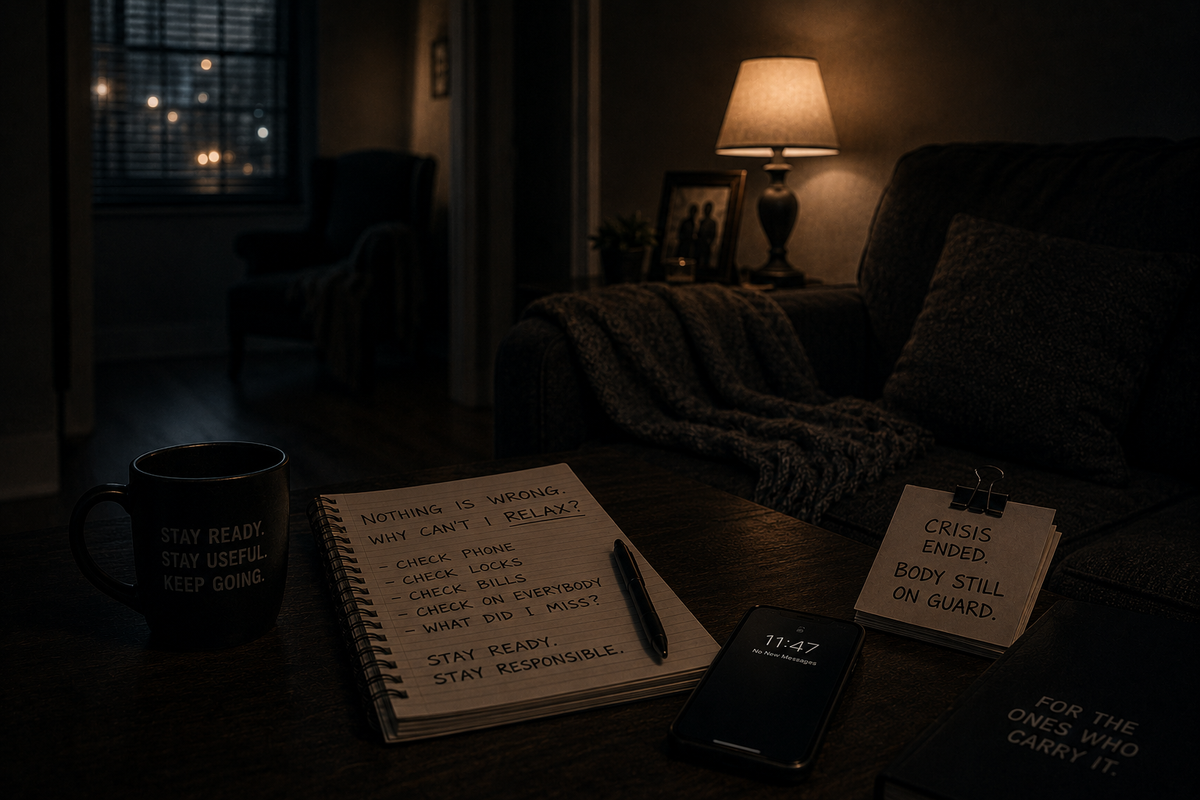 Dark cinematic living room at night with an empty couch, phone, mug, and open notebook, symbolizing a body still standing guard after the crisis has ended.