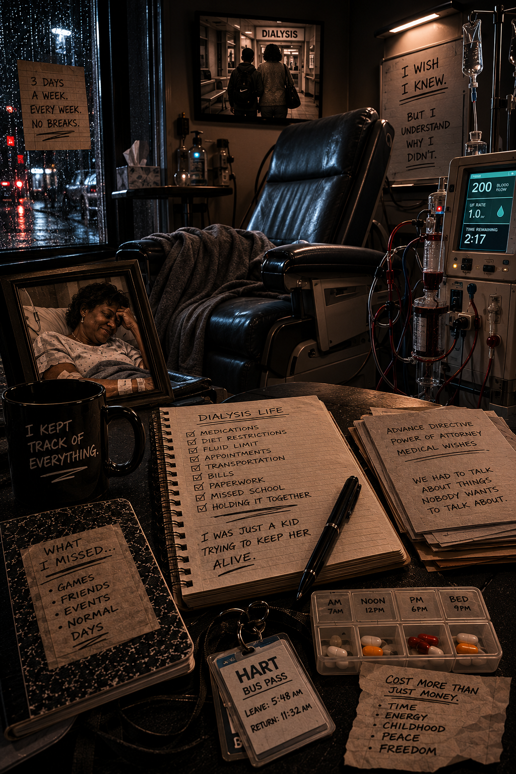 Empty dialysis treatment chair beside medical equipment, medication organizer, bus pass, and caregiver journal, symbolizing a child who learned dialysis routines and adult responsibilities while caring for his mother.