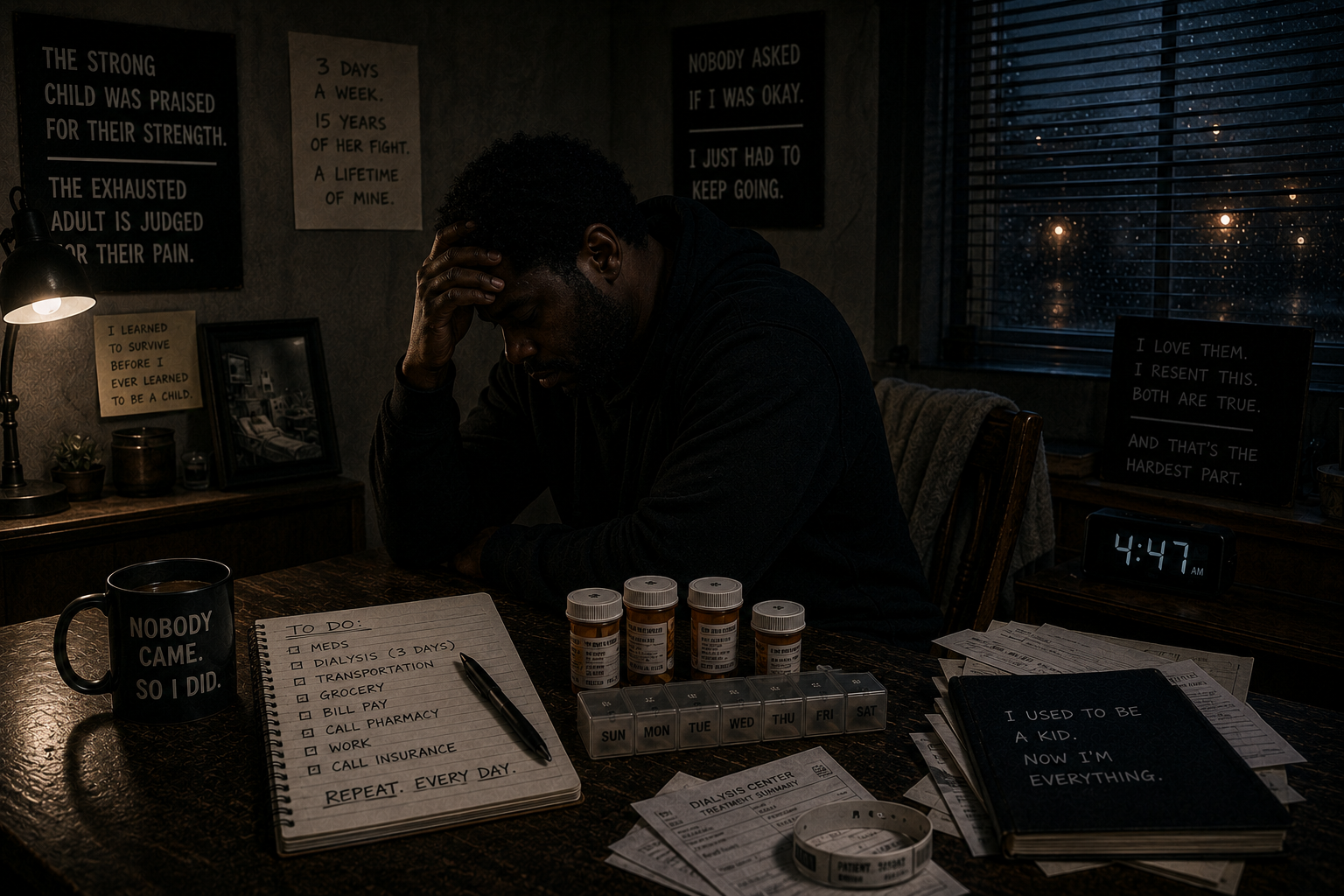 An exhausted adult sits alone in a dark room surrounded by an empty chair, old medicine bottles, and unfinished responsibilities, symbolizing the Strong Child survival response and the lasting weight of carrying too much too early.