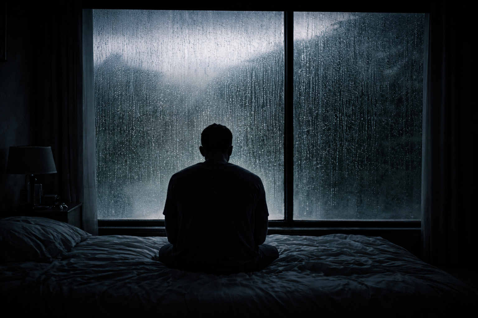 Man sitting alone on bed facing rain-covered window in dark room, moody cinematic scene representing isolation and silent burden