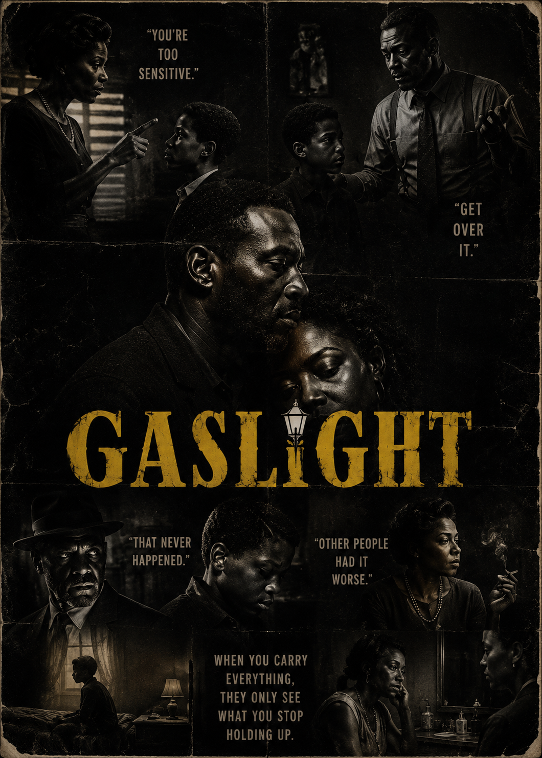 Black family gaslighting trauma poster inspired by vintage noir films showing emotional neglect, strong child trauma, family invalidation, and survival mode through cinematic dark storytelling imagery.