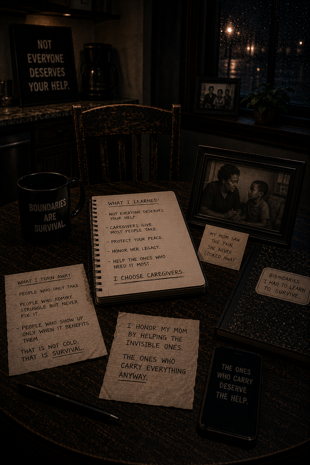Dark kitchen table with an empty chair, journal, family photographs, boundary notes, and a silent phone, symbolizing early caregiving, inherited compassion, and learning to protect yourself while still carrying for others.
