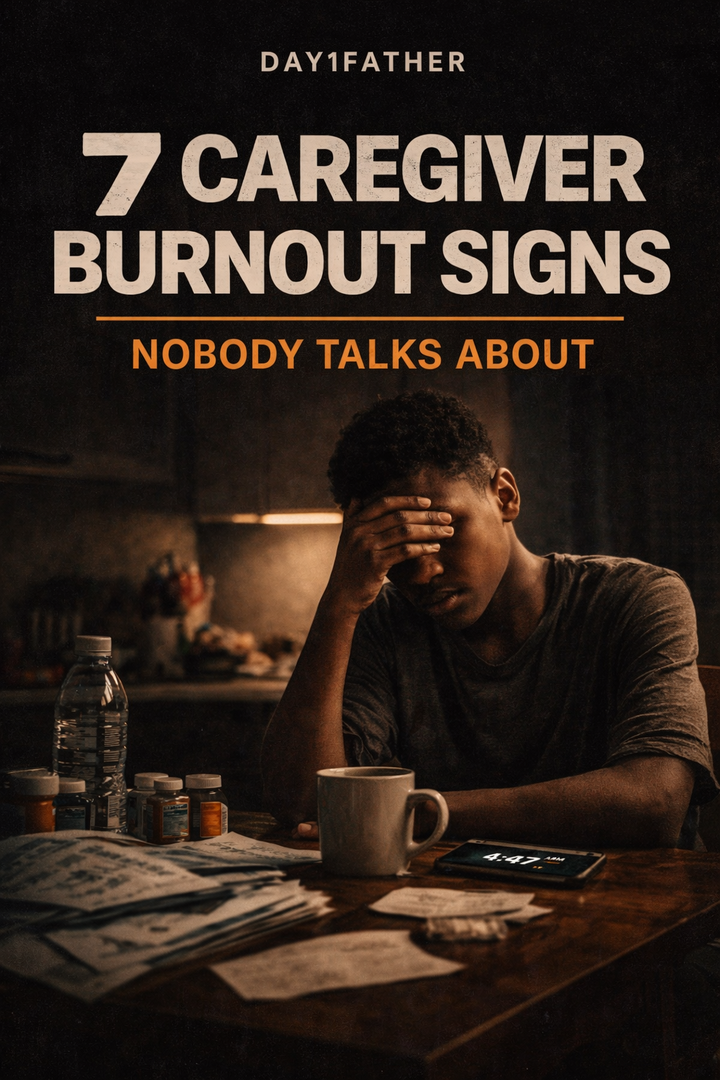 young black male caregiver sitting at a table at 4:47 AM surrounded by medication, paperwork, and a cold coffee, representing caregiver burnout and exhaustion