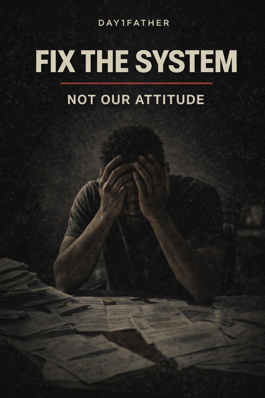 exhausted black male caregiver sitting at a table covered in paperwork holding his head in frustration with text fix the system not our attitude representing caregiver burnout and broken respite care system