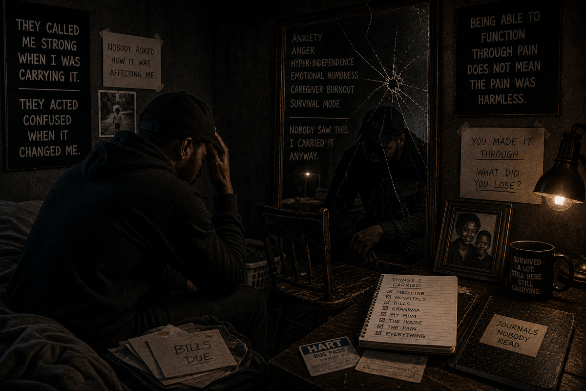 An exhausted adult sits alone in a dark room facing a cracked mirror, with an empty chair, closed family photographs, and unfinished responsibilities nearby, symbolizing how being praised for strength can hide the lasting cost of early carrying.
