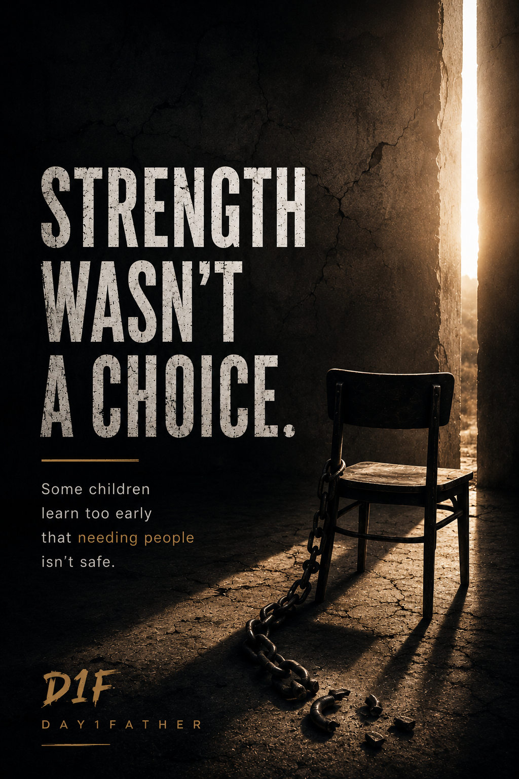 Dark cinematic poster showing a chained chair in an abandoned room with light breaking through a cracked wall beside the words “Strength Wasn’t A Choice.” Emotional trauma, hyper independence, survival mode, and strong child symbolism.