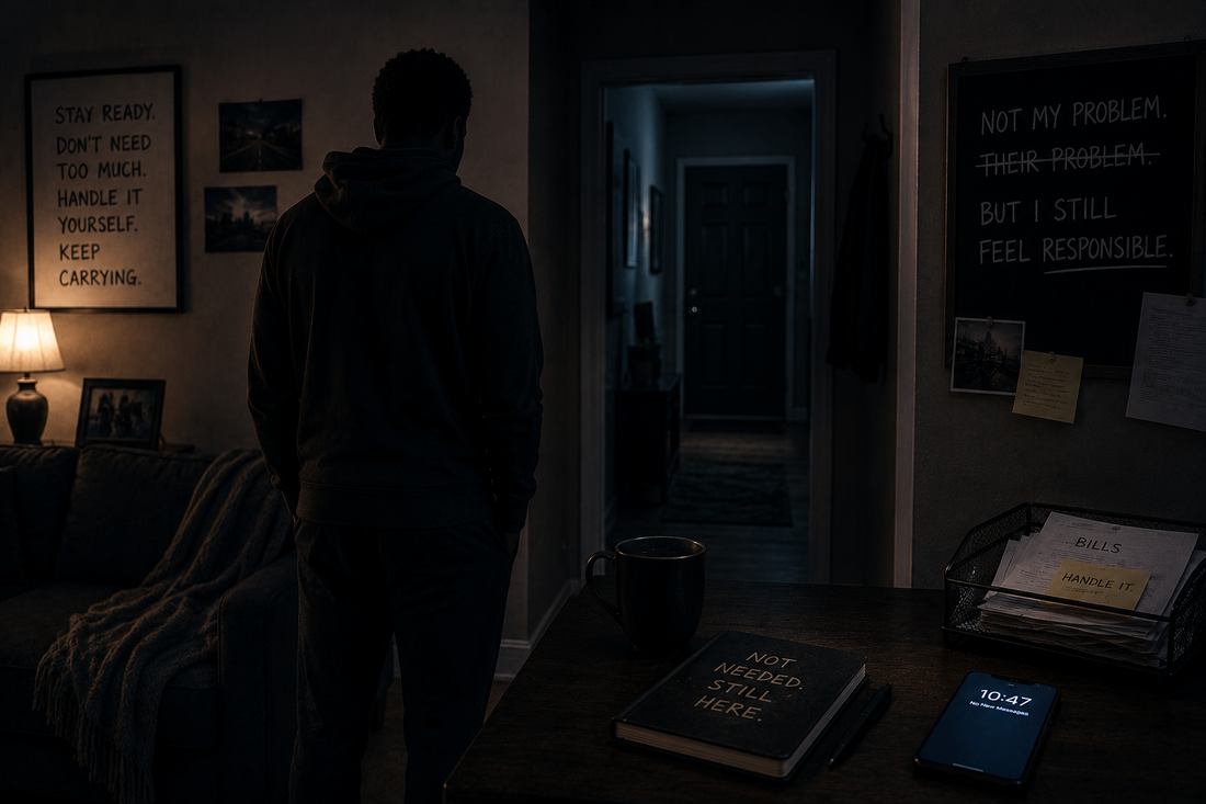A lone adult stands in a dark quiet room watching a doorway and a silent phone, representing early responsibility that still shapes present-day vigilance and carrying.