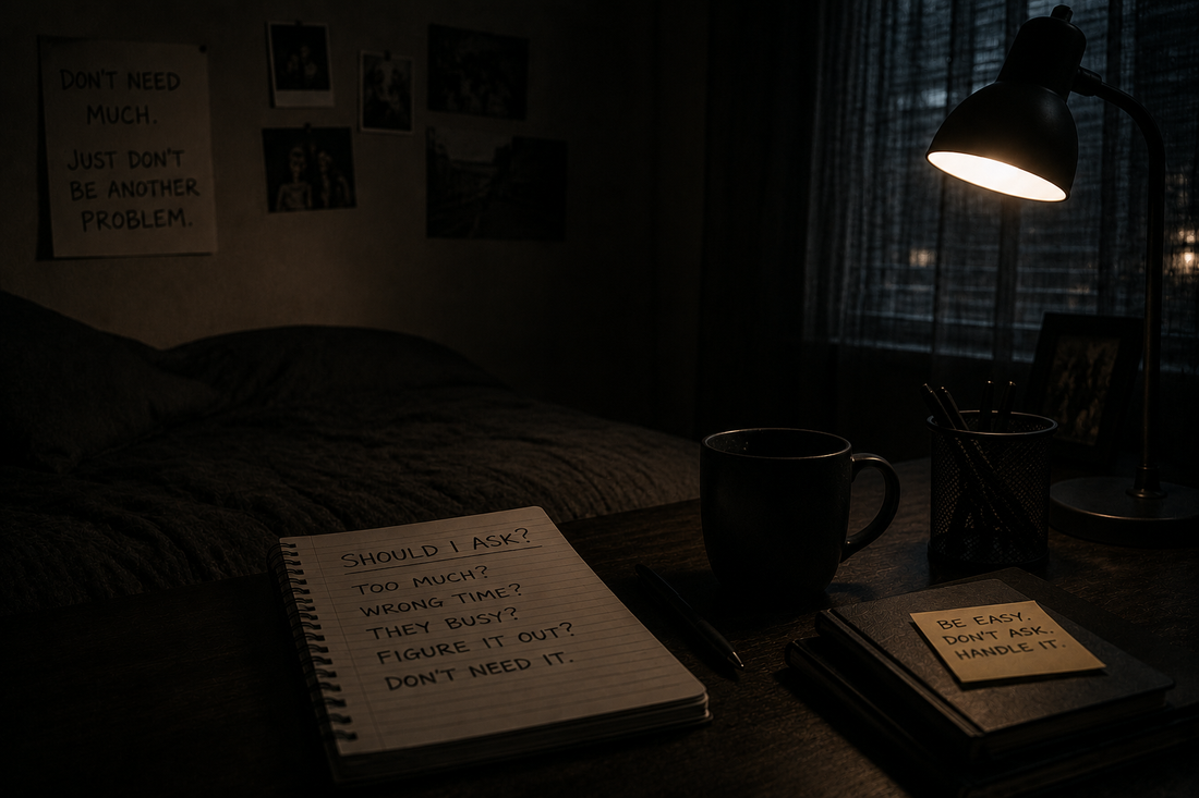 A dark bedroom desk with a notebook full of questions about asking for help and needing too much, representing a child who learned to hide needs and become easy to overlook.