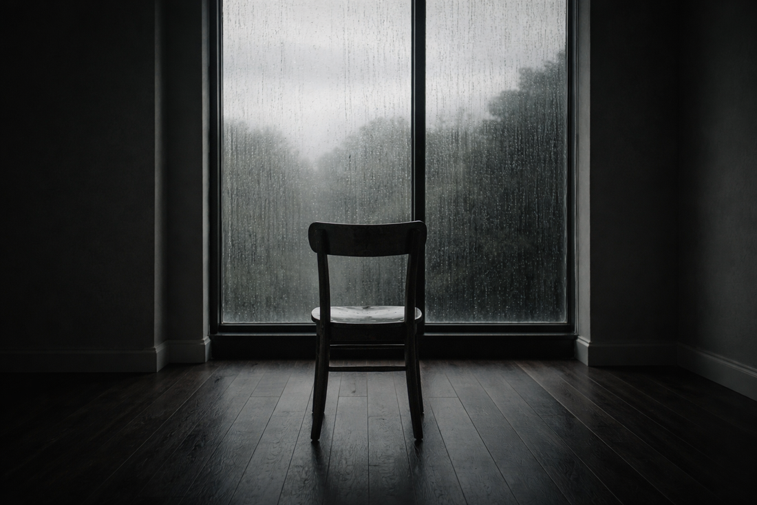 Minimalist interior, single wooden chair facing a large rain-streaked window, overcast grey light, dark walls, no people, moody and cinematic, desaturated color palette, fine art photography aesthetic, 