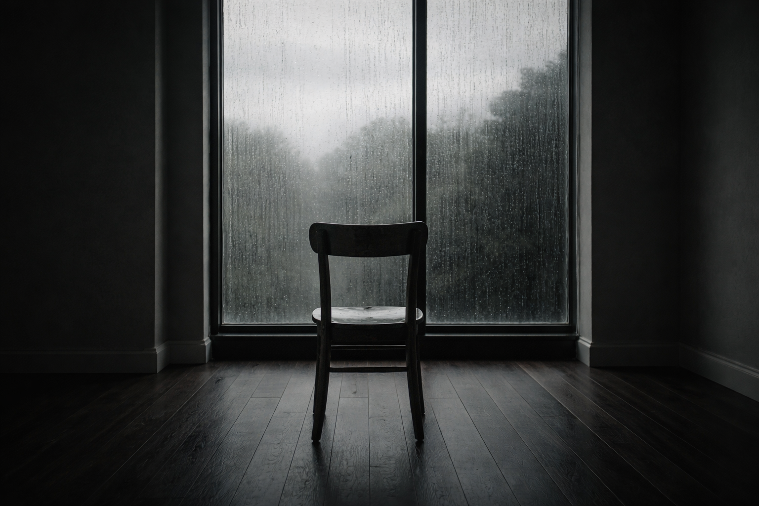 Minimalist interior, single wooden chair facing a large rain-streaked window, overcast grey light, dark walls, no people, moody and cinematic, desaturated color palette, fine art photography aesthetic, 