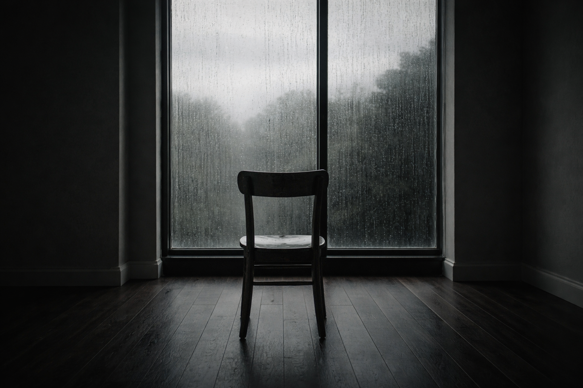 Minimalist interior, single wooden chair facing a large rain-streaked window, overcast grey light, dark walls, no people, moody and cinematic, desaturated color palette, fine art photography aesthetic, 
