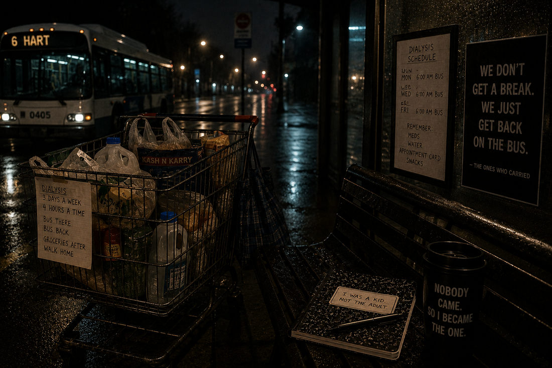 A worn grocery cart filled with bags sits beside a city bus stop after dark, with an empty bench and distant streetlights symbolizing childhood caregiving, long errands, and responsibility carried too early.