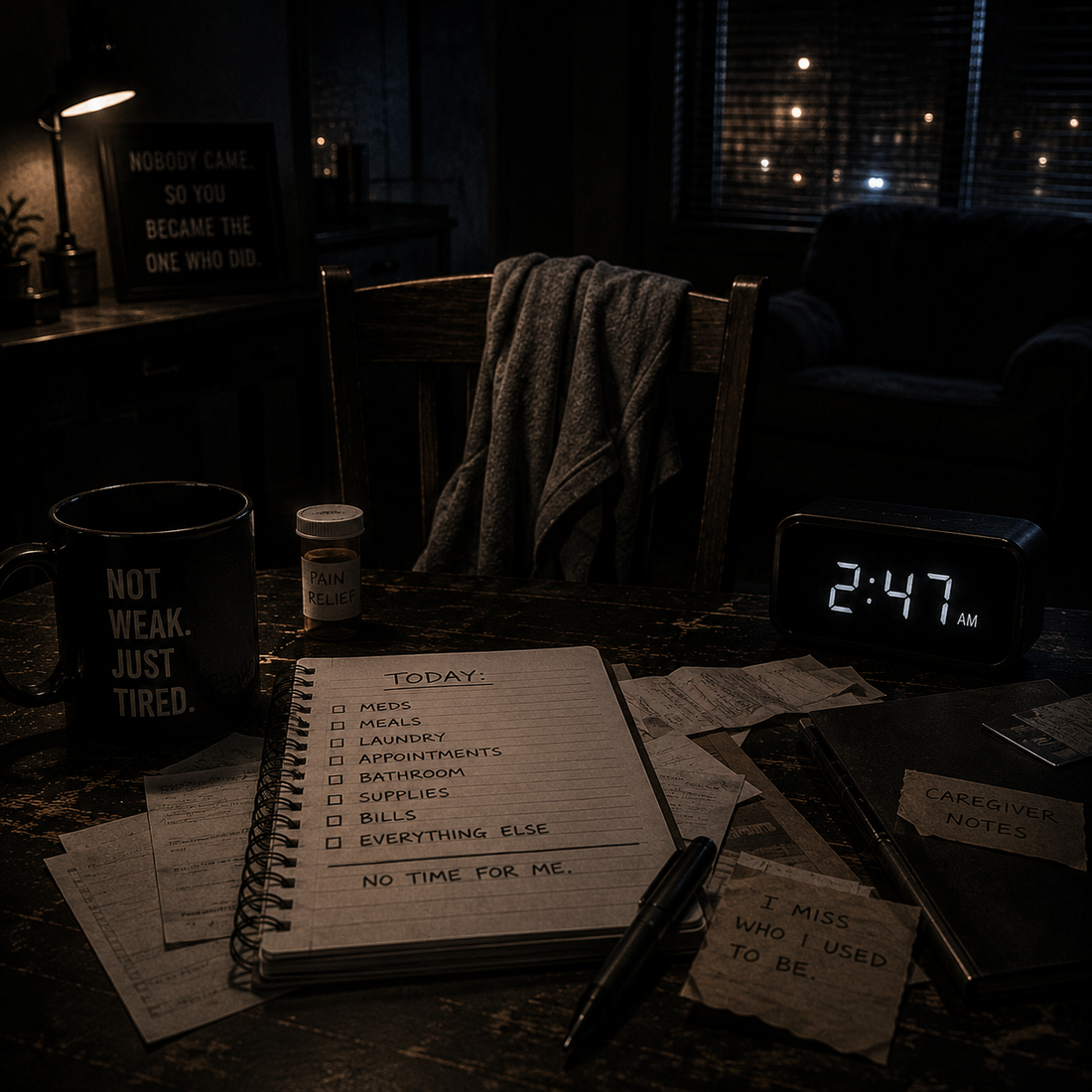 A dark late-night caregiving table with an empty chair, medication, unfinished responsibilities, scattered receipts, and a 2:47 AM clock, symbolizing caregiver anger, overload, and the invisible weight of carrying too much for too long.