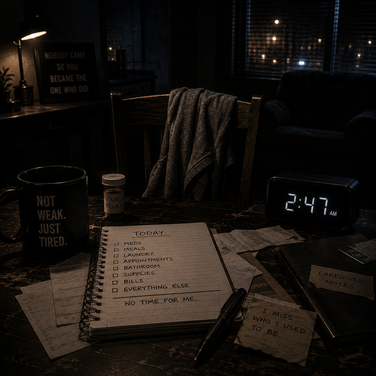 A dark late-night caregiving table with an empty chair, medication, unfinished responsibilities, scattered receipts, and a 2:47 AM clock, symbolizing caregiver anger, overload, and the invisible weight of carrying too much for too long.