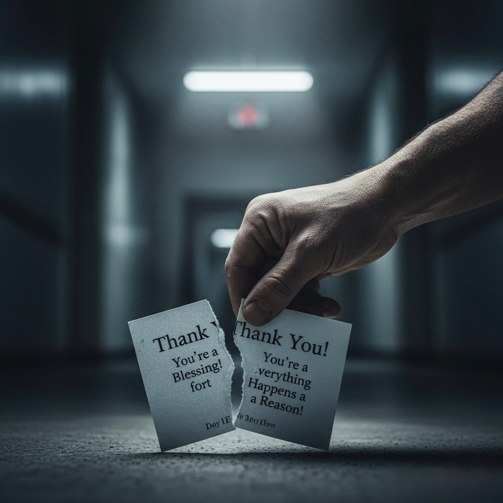 Ripped thank you note toxic positivity with hand holding note in hospital hallway