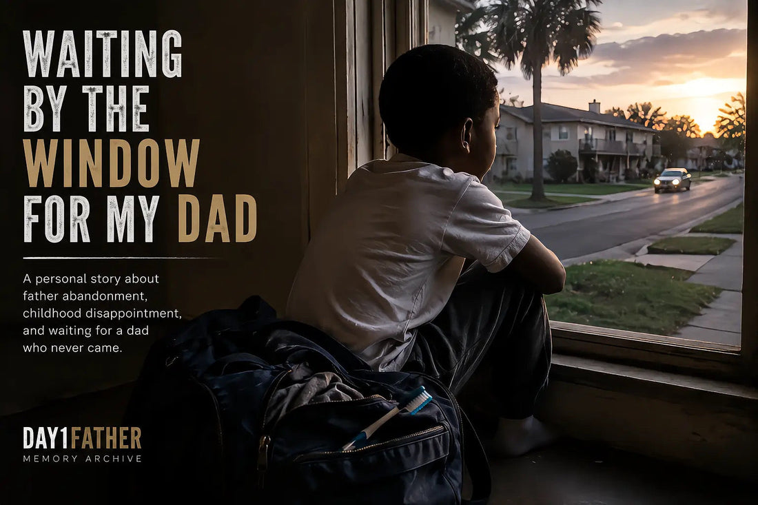 A child waiting by the window with a packed bag, hoping his father will show up.