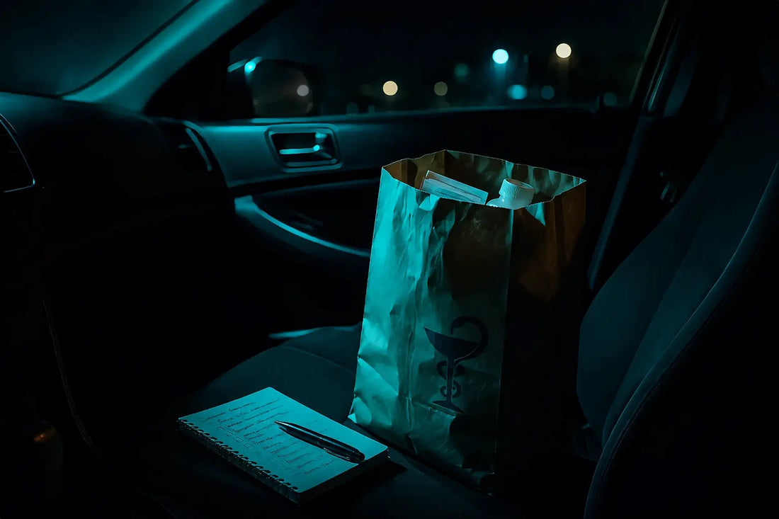 A paper pharmacy bag, prescription bottle, and notebook resting on a passenger seat at night, illuminated by teal dashboard light, symbolizing the quiet responsibility of caring for an aging parent.