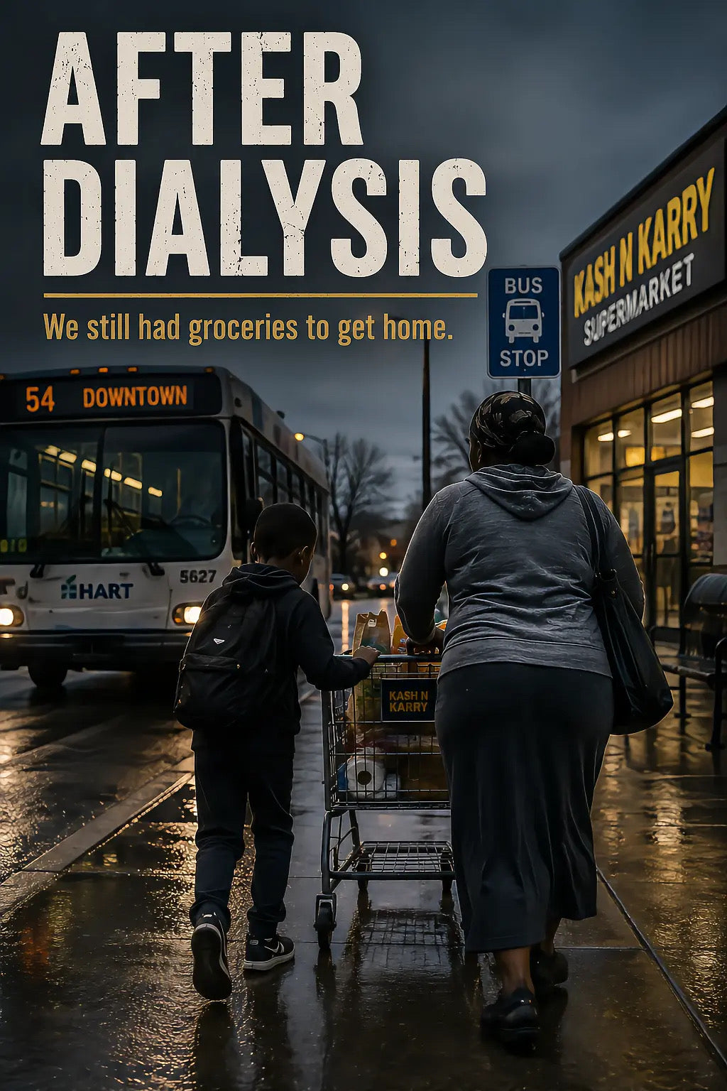 Grocery cart filled with bags after dialysis as a mother and son begin the trip home, symbolizing childhood caregiving and growing up too soon.