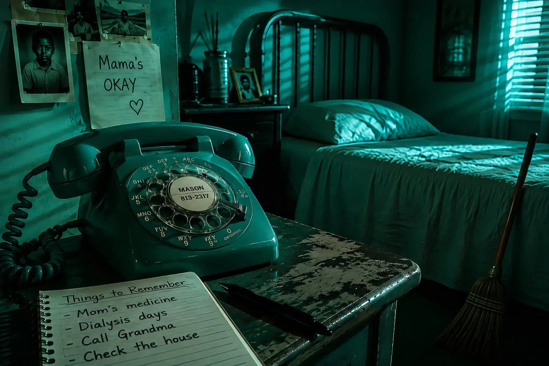 Vintage teal rotary phone beside an empty bed in a dark bedroom, symbolizing childhood caregiving, constant worry, and checking if loved ones are okay.
