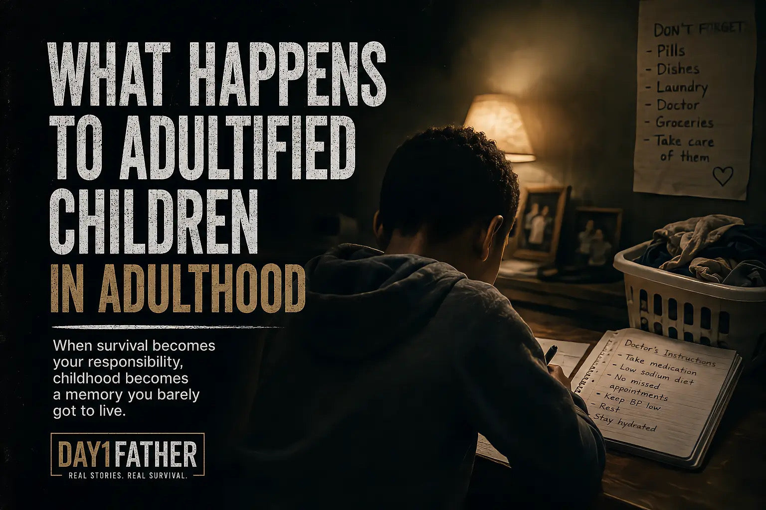 Adultified child trauma cover showing a young Black boy carrying caregiving responsibilities late at night while writing doctor notes and managing household stress alone.