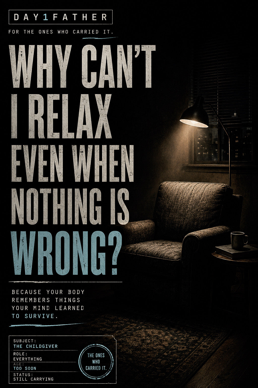 Empty chair in a quiet room representing hypervigilance, childhood trauma, caregiving, and the struggle to relax even when nothing is wrong.