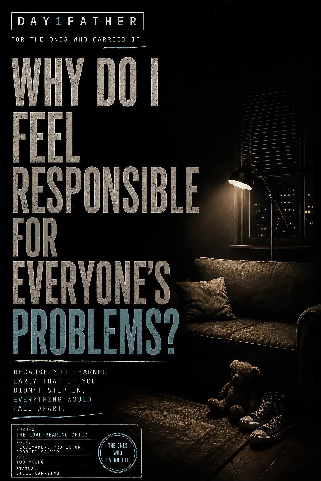 Why Do I Feel Responsible For Everyone’s Problems cover image illustrating parentification, people pleasing, hyper-responsibility, childhood caregiving, and the experience of the load-bearing child.