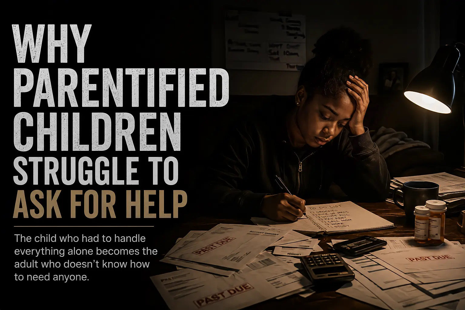 Parentified child carrying adult responsibilities alone, surrounded by bills and medicine, illustrating childhood trauma and emotional burden.