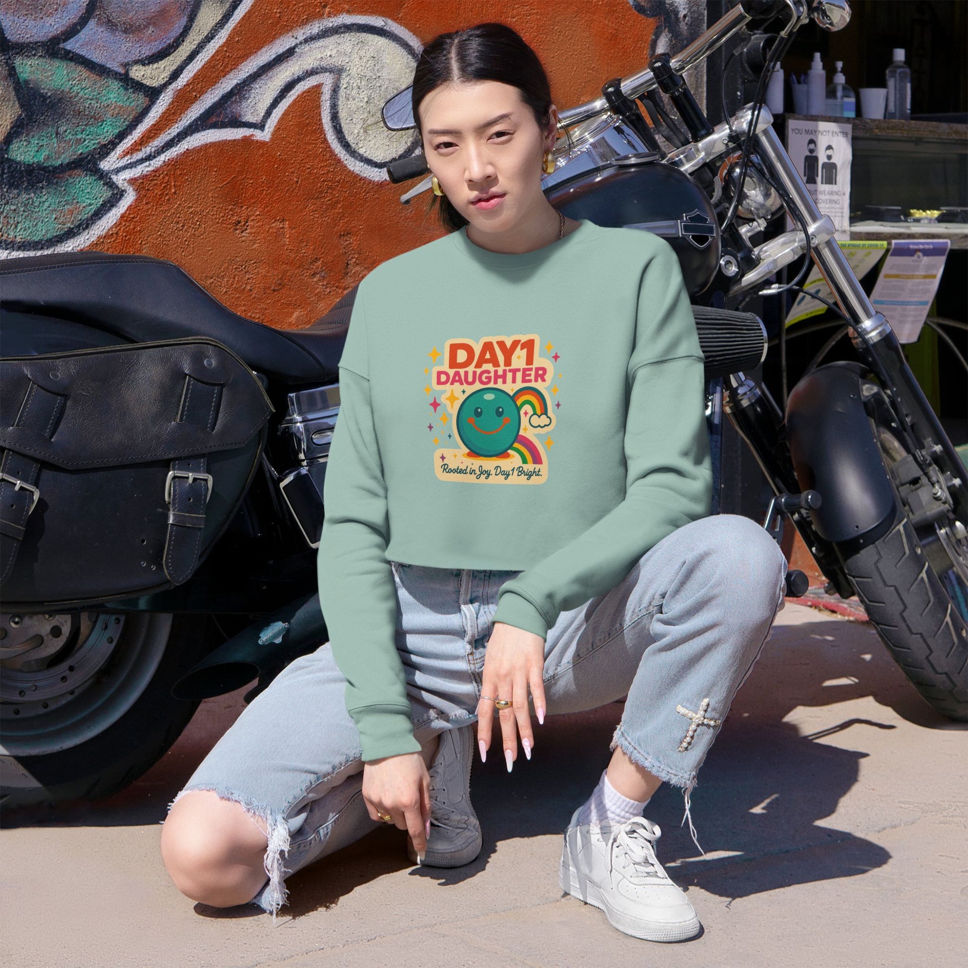 “Giggles McRainbow Day 1 Daughter Women’s Cropped Sweatshirt - Sage Green”