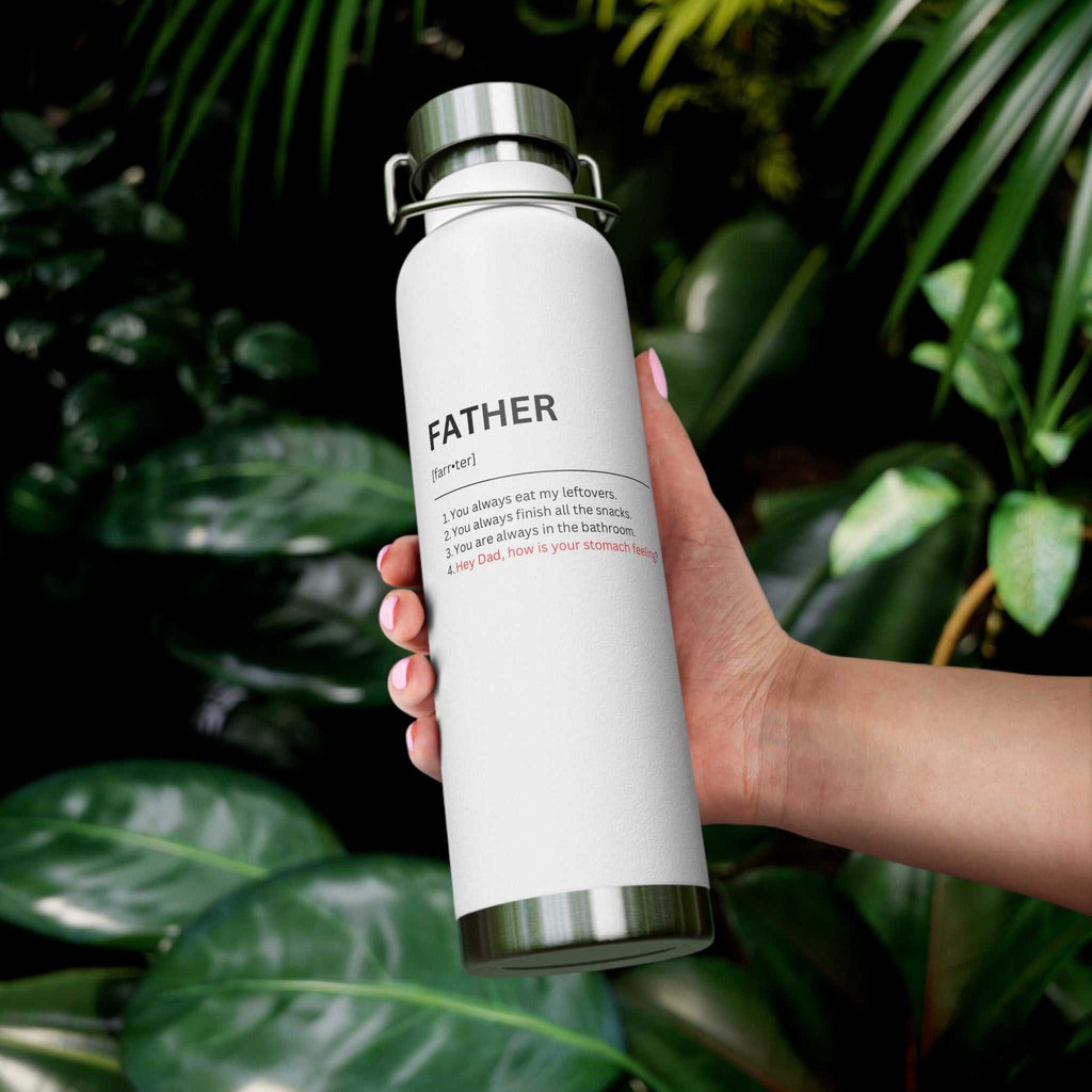 22oz copper vacuum insulated bottle with funny jokes about fathers, spill-resistant, stainless steel, ideal for Father's Day.