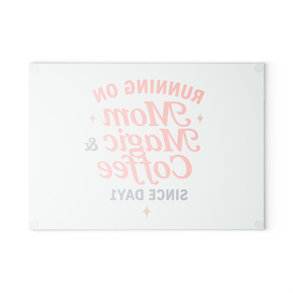 “Mom Magic & Coffee Glass Cutting Board - Vibrant Kitchen Decor for Coffee Lovers”