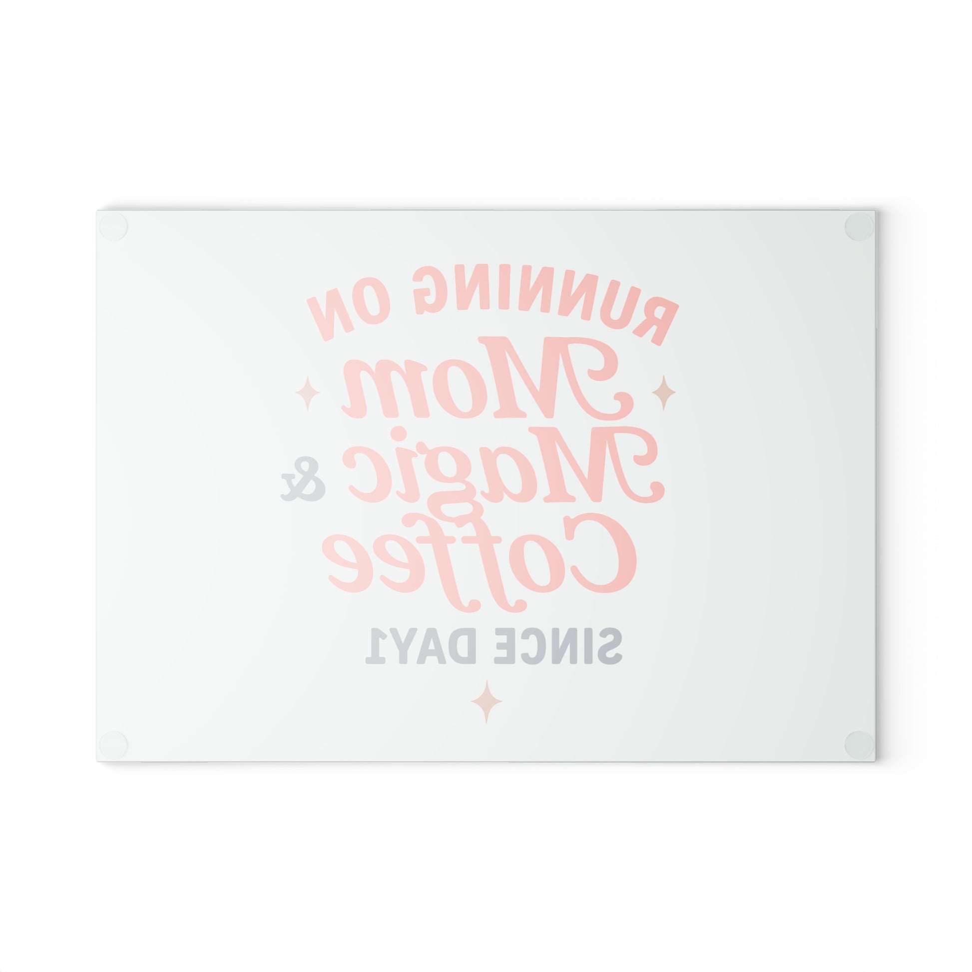 “Mom Magic & Coffee Glass Cutting Board - Vibrant Kitchen Decor for Coffee Lovers”