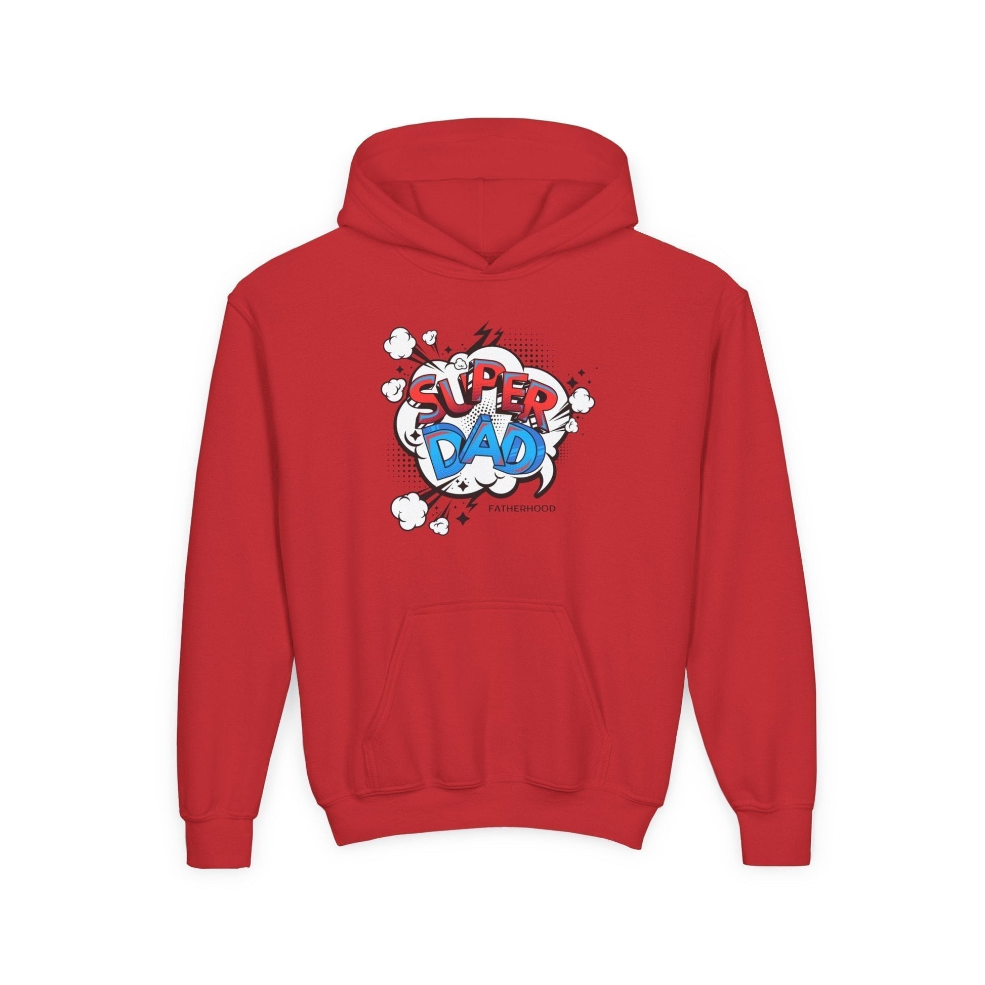 Red youth hoodie with "Super Dad" graphic, kangaroo pocket, soft cotton-polyester blend.