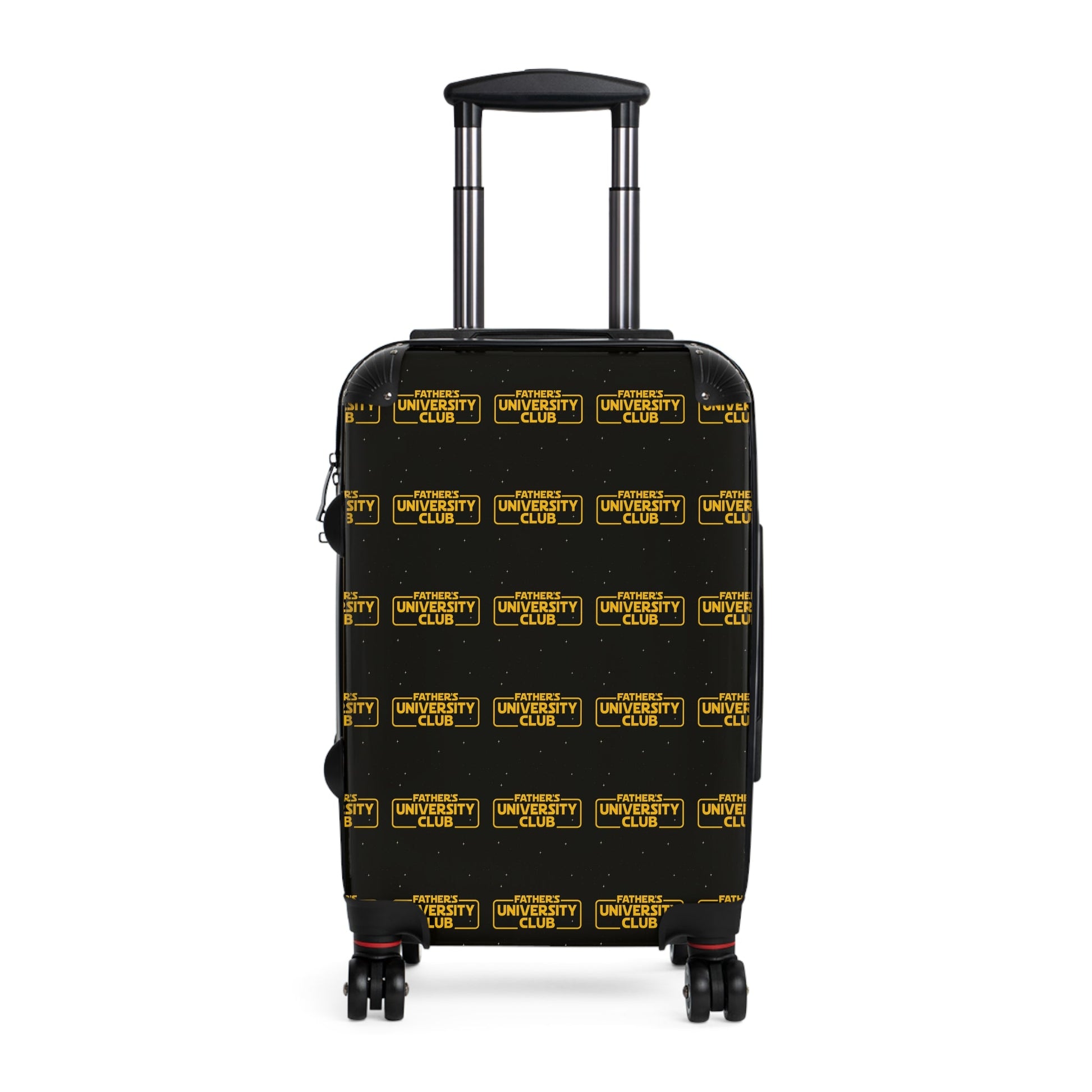 Black hard-shell suitcase with yellow "Father’s University Club" logo pattern and telescopic handle