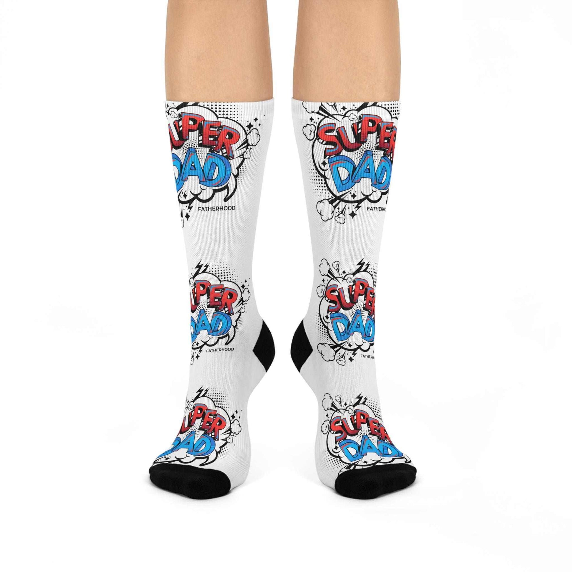 Crew socks with Super Dad design, vibrant colors, Fatherhood theme.