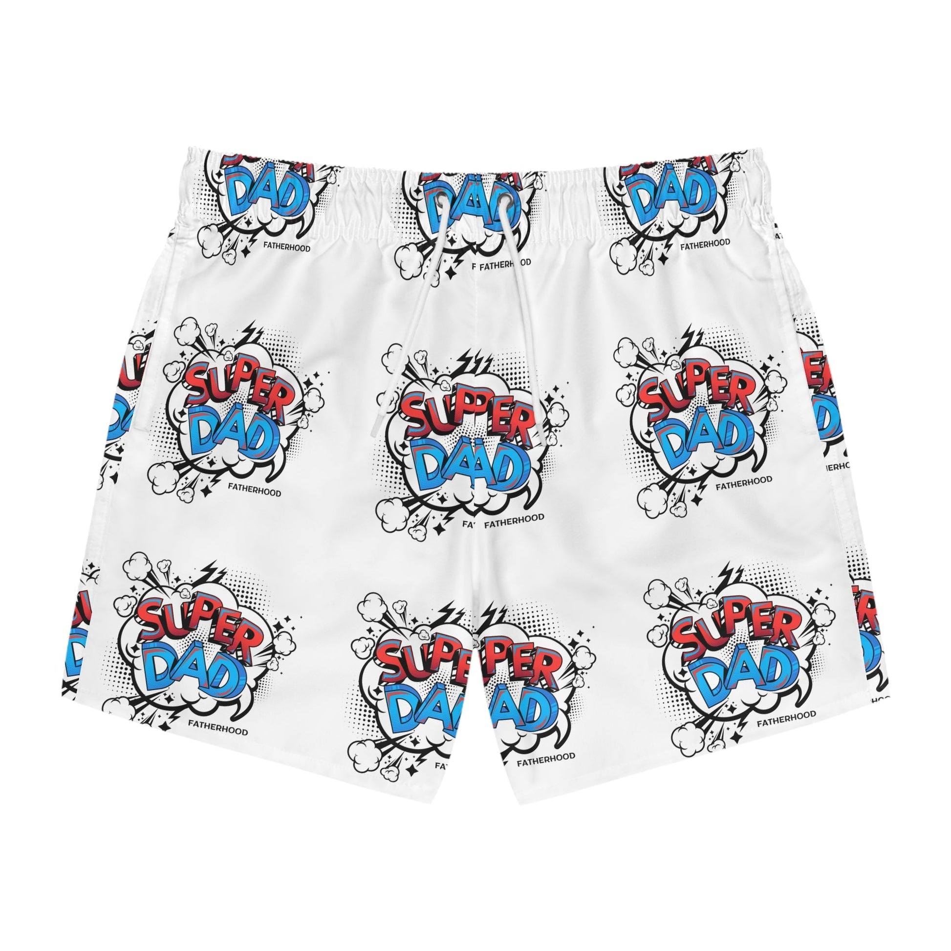 White swim trunks with colorful comic-style "Super Dad" graphics, adjustable waist, and lightweight polyester fabric.