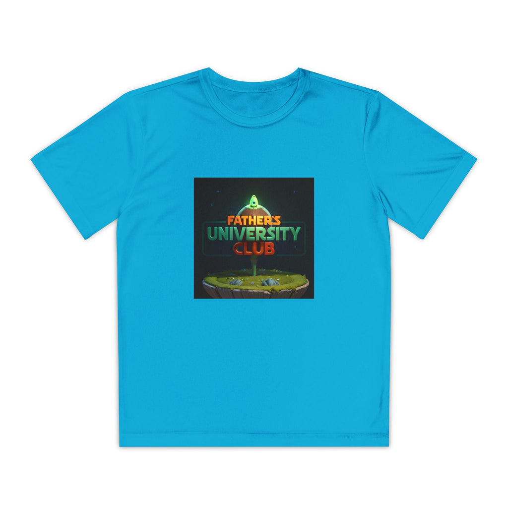 Blue youth sports tee with "Father's University Club" graphic, moisture-wicking polyester, athletic fit